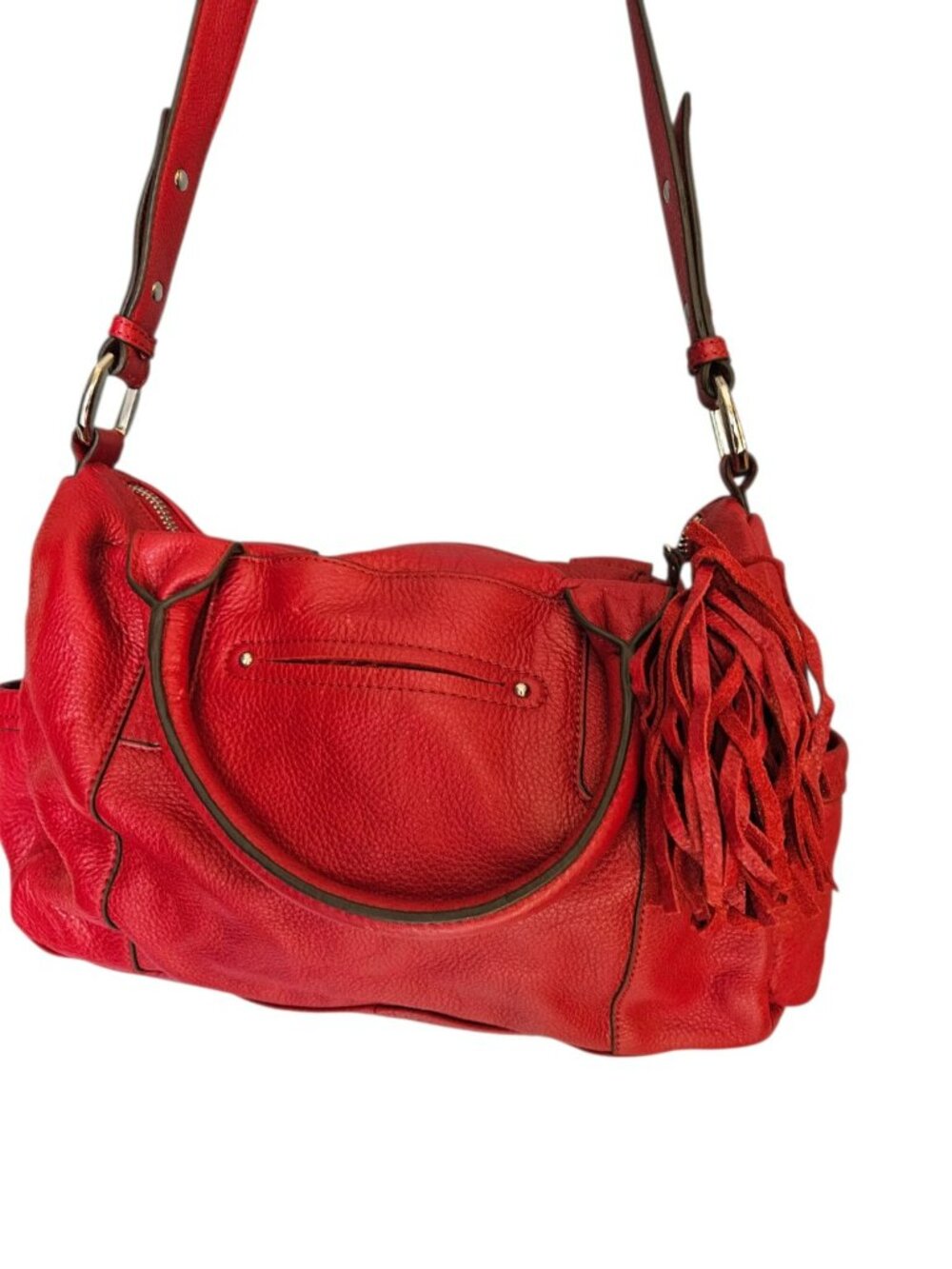 Makowsky Red Pebbled Leather Hobo Shoulder Bag Tassel Accent Gold Hardware